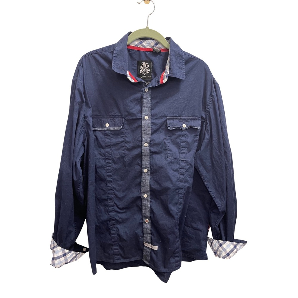 English Laundry Button Down Mens XXL Navy Good Plaid Trim Dual Pocket Casual